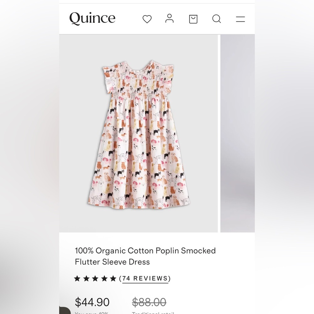 Quince 100% Organic Cotton Poplin Flutter Sleeve Dress in “pink puppy pals”.